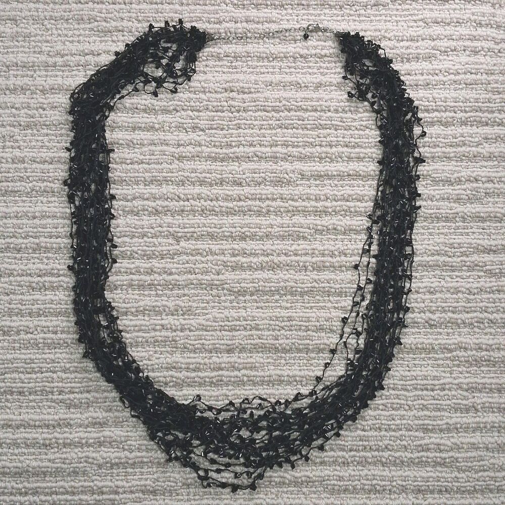 BLACK CROCHETED BEAD MULTI STRAND SEED BEAD STATEMENT NECKLACE VINTAGE BOHO CHIC